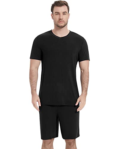 Image of NACHILA Pajamas for Men Pj Short Sleeve Sleepwear with Shorts V Neck Loungewear Cool Pajama,Viscose Made from Bamboo