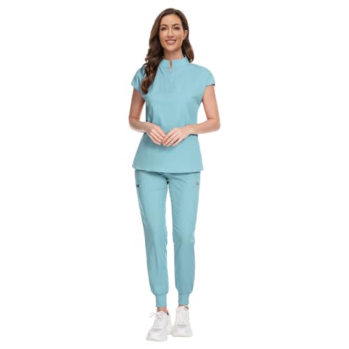 VAOLI Womens Scrub Set Scrub Top and Jogging Pants Scrub Uniforms for Women Set Stretch Nursing Uniform (Light Blue,M,Medium)