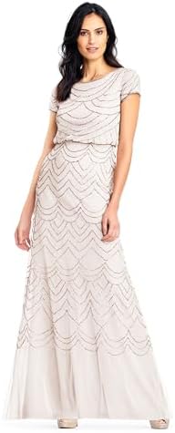 Adrianna Papell Womens Short Sleeve Blouson Beaded Gown