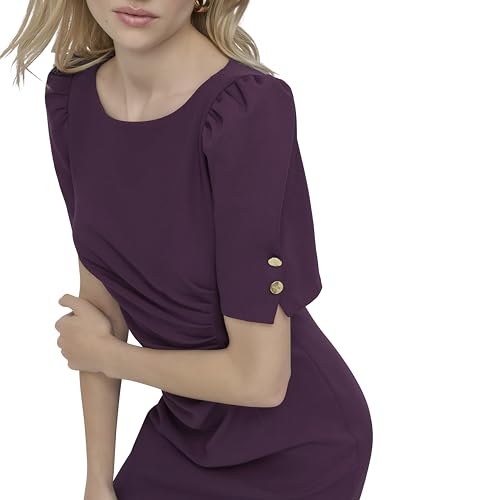 Image of DKNY Women's Short Sleeve Ruched Knee Length Sheath Dress with Button Detail