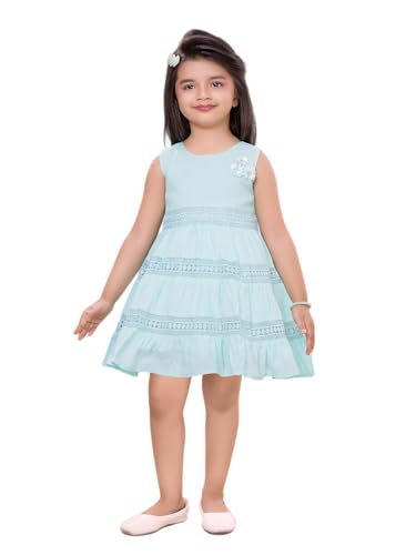 Image of Soft Cotton Lace Work Knee Length Fit & Flare Dress for Kids & Girls, Flower Embellished Frock for Casual & Special Occasion
