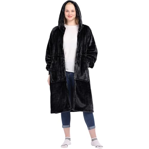 Waitu Wearable Blanket Hoodie with Zipper Gifts for Women Men Warm and Cozy Oversized Hoodie Blanket Birthday Gifts for Women Mom Thick Flannel Blanket with Giant Pocket - Black