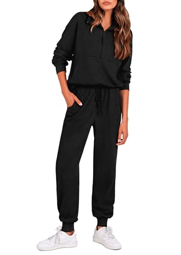 Image of PRETTYGARDEN Women 2 Piece Ribbed Knit Matching Lounge Sets | Comfy Sweat Track Suits, Athleisure Casual Outfit, Half Zip Sweatshirt & Jogger Pants, Fall Winter Clothes for Airport Travel