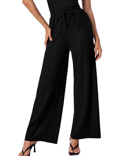 ALSOGO Womens Wide Leg Pants Casual Elastic High Waisted Pants Loose Straight Leg Pants Drawstring with Pockets