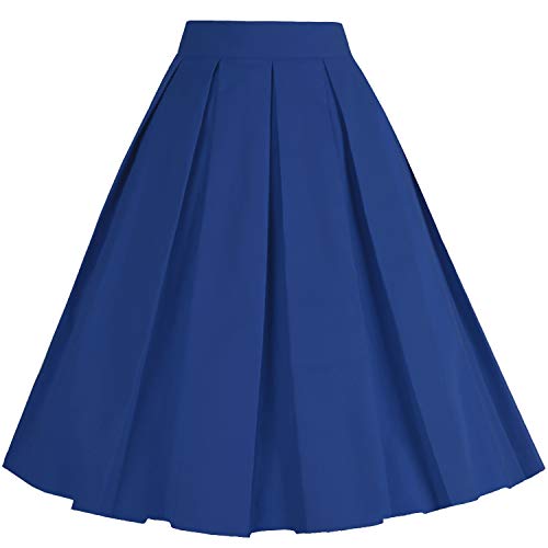 Dressever Women's Vintage A-line Printed Pleated Flared Midi Skirts Royal Blue Medium