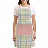 COTTON CRAFT Spring Pantry Apron - Easter Summer Gingham Buffalo Check Chef Apron - Premium Cotton Adjustable Apron with Pocket and Long Waist Ties - Grilling Baking Gift - 24x36 inch - Yellow Multi