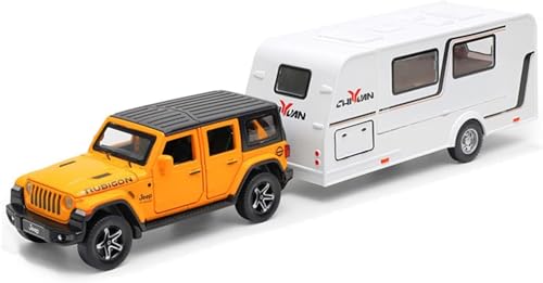 Image of 1:32 Wrangler Rubicon with Trailer - Yellow Alloy Diecast Pullback Metal Car Toy with Sound Light & Opening Doors - Best Gift Toy for Kids