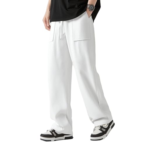 Hawyet Mens Linen Pants Straight Leg Lightweight Breathable Elastic Waist Drawstring Lounge Pants with Phone Pockets