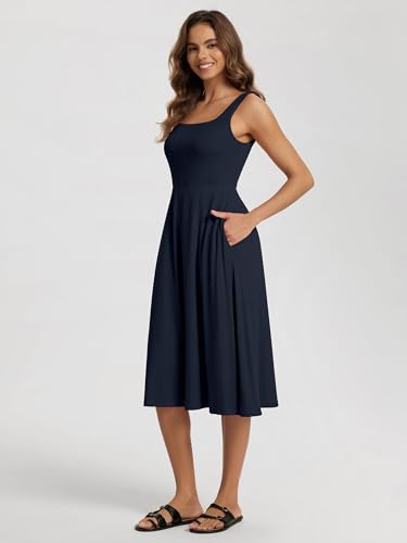 Image of ODODOS Square Neck Midi Dress with Pockets for Women Summer Casual Sleeveless Sundress Flare Tank Dress