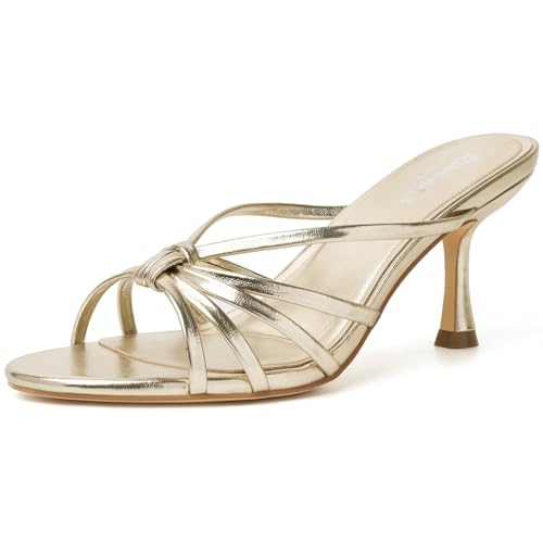 RIBONGZ Gold Kitten Heels for Women Mule Heels Low Heel Mules Round Open Toe Strappy Sexy High Heeled Sandals Backless Comfortable Dressy Shoes Wedding Vacation Office Casual Beach 10 by RIBONGZ - Used condition - US$27.72