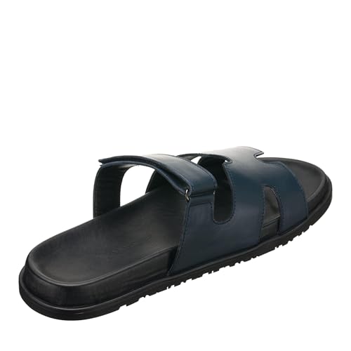 DALGALA Men's Navy Blue Calfskin Big Size Wide Fit Hook and Loop Sandals Summer Shoes3