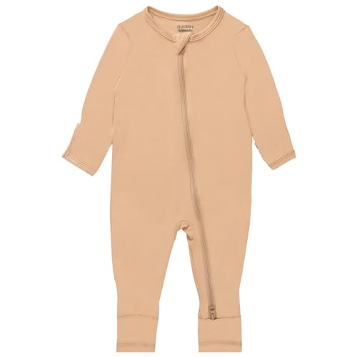 Image of GUISBY Baby Footless Pajamas with Mitten Cuffs, Comfy Long Sleeve with Double Zipper Sleepers Apricot 0-3 Months