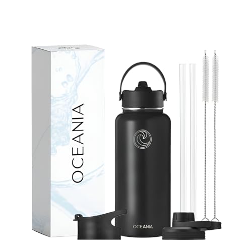 Oceania Flask 32oz Stainless Steel Water Bottles | Modern, Leakproof, Vacuum Insulated with 3 Lids, 3 Straws & 2 Straw Cleaning Brushes | Simple Lightweight Camping & Hiking Hydration Canteens