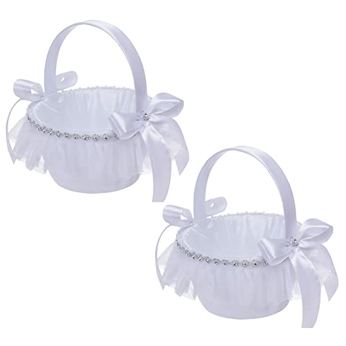 Surakey Flower Girl Baskets for Wedding, White Bridesmaid Bride Flower Basket Set of 2, Large Wedding Baskets Decoration with Pearl Silk for Wedding Ceremony, Type 4