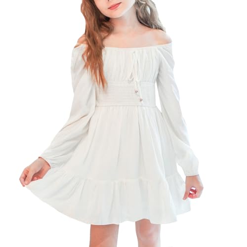 Simplee kids Girls Dresses Fall Long Sleeve Dress for Girl Tween Off Shoulder Smocked Dresses Size 4-15 Years