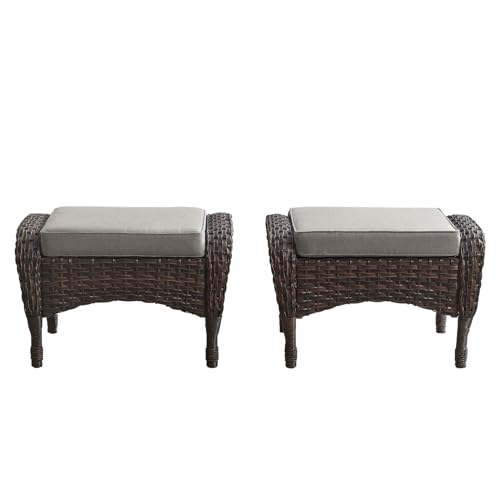 Belord Outdoor Ottomans for Patio Foot Rest - 25 Inch PE Wicker Foot Stool Set of 2 with Removable Cushions for Patio Furniture Sets,All Weather Rattan Ottoman for Balcony Deck Backyard Brown