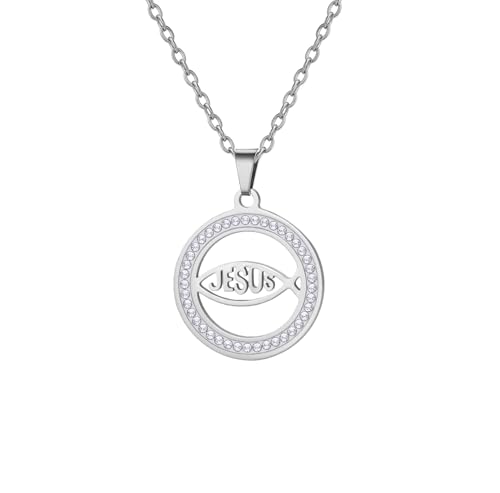 EUEAVAN Ichthus - Collar con colgante de cruz de pez de Jesucristo, sello de Jerusalén, amuleto religioso, joyería cristiana, regalo de bautizo o Pascua para mujeres y hombres, Medio, Acero inoxidable