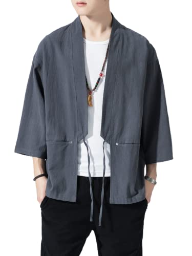 Image of Men's Japanese Kimono Cardigan Loose Cotton Linen 3 /4 Sleeve Open Front Casual Summer Shirt Jackets