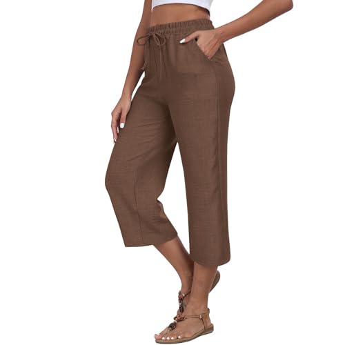 Women's Cotton Linen Cropped Pants Summer Fashion Drawstring Solid Capris with Pockets Casual Wide Leg Crop Pants(Coffee,XX-Large)