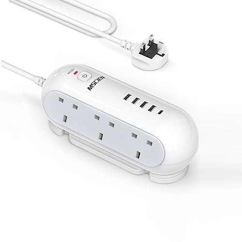 Mscien Extension Lead with USB Slots, 6 Way Sockets 5 USB(1 USB- C and 4 USB-A Port) with 1.8 Metres Extension cord