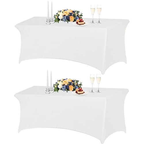 TOROTON 2 Pack Spandex Table Cloth 6FT, Tight, Fitted, Washable and Wrinkle Resistant Stretch Rectangular Patio Table Cover for Wedding, Party, Event, Banquet, White, for 183Lx76Wx76H cm Table