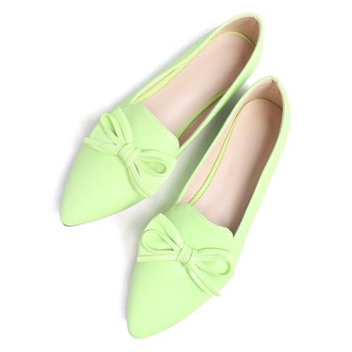 WENJIAZHIZHI Women's Pointed Toe Bow Loafers Comfortable Ballet Flats Soft PU Low-heel Office Lady Shoes