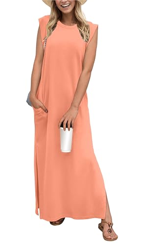 Image of GRECERELLE 2026 Women Year-Round Casual Round Neck Loose Split Wrinkle-Free Long Maxi Vacation Dress with Pockets (XXS-4XL)