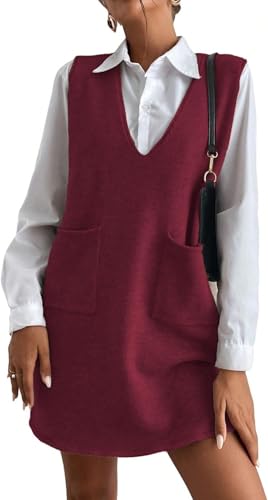 BUNSLOOM Pullover Damen V-Ausschnitt Stricken Weste Pullunder Ärmellos Strick Jumper Sweater Elegante Herbst Kurz Minikleid mit Taschen