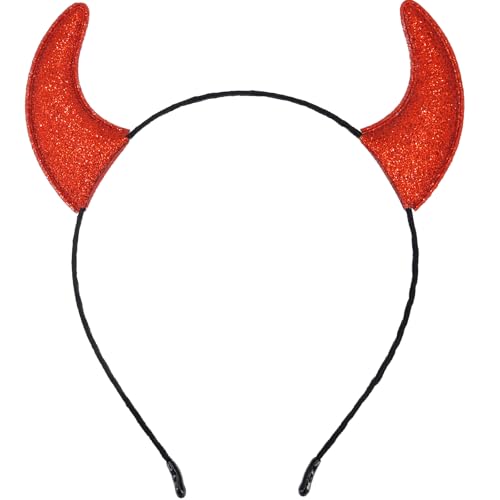 Ellzk Glitter Devil Horns Halloween Headband Fancy Dress Devil Hairband Cosplay (Red)