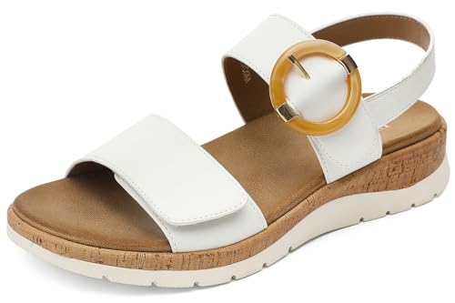 UBFEN Womens Flat Sandals Arch Support Open Toe Walking Comfy Casual Low Wedge Summer Shoes White Size 10