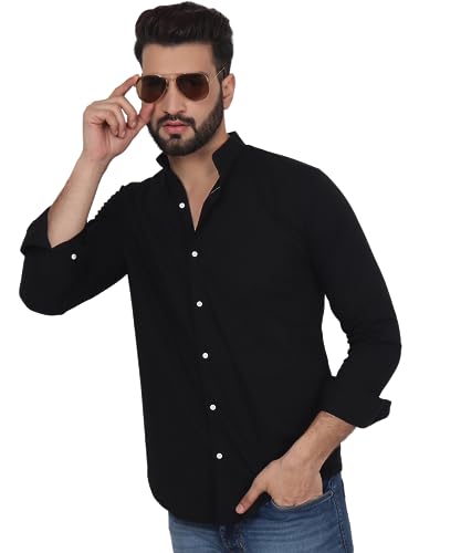 Image of TryBuy Exclusive Men's Black Solid Band Casual Cotton Shirt