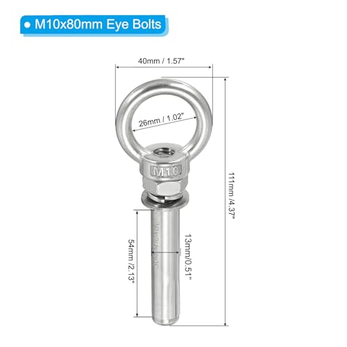 Image of PATIKIL Expansion Eye Bolt M10x80mm, 2 Pack 304 Stainless Steel Shoulder Anchors Eyebolt Screw with Eye Ring for Concrete Brick Walls Canopy Engineering Rigging Silver
