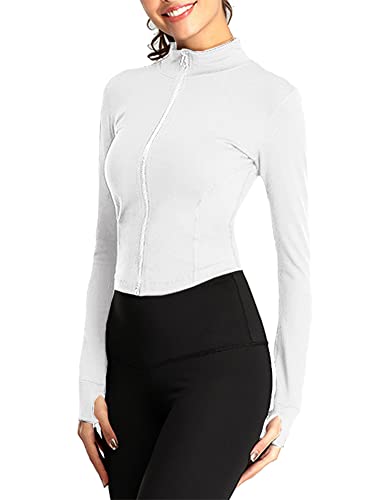 Abtel Damen Laufjacke Sportjacke Yoga Langarm Full Zip Gym Tops Schnell Trocknend, weiß, 38