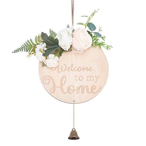 SUPERDANT Benvenuto a Casa Cartello Decorativo Legno Piatto Rotondo Targa Naturale Placca di Benvenuto con Fiori Bianchi da Decorazioni da Parete Con Campana Decorazione Porta Ingresso