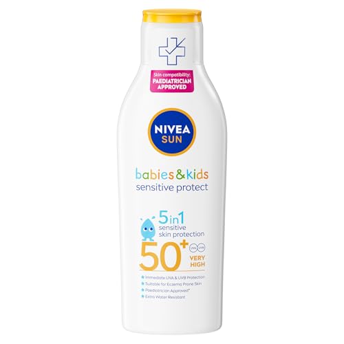 NIVEA SUN Kids Protect & Sensitive Sun Lotion (200ml) Sunscreen with SPF 50+, Kids Suncream for Sensitive Skin, Immediately Protects Against Sun Exposure