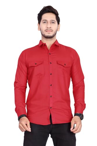 Image of Men's Cotton Spread Collar Full Sleeve Regular Fit Solid Casual Shirt with Double Pockets - Stylish Comfortable Shirt for Everyday Wear