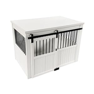 New Age Pet® ECOFLEX® Homestead Sliding Barn Door Furniture Style Dog Crate – Antique White, Large (EHDBC15-04L) – Stylish, Durable, Removable Cushions, Easy to Assemble.