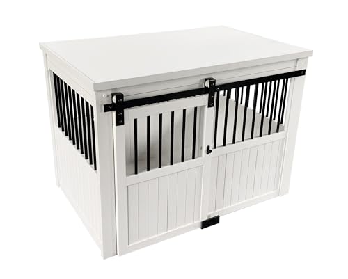 New Age Pet® ECOFLEX® Homestead Sliding Barn Door Furniture Style Dog Crate - Antique White, Large (EHDBC15-04L) - Stylish, Durable, Removable Cushions, Easy to Assemble. by New Age Pet - Used condition - CA$185.92