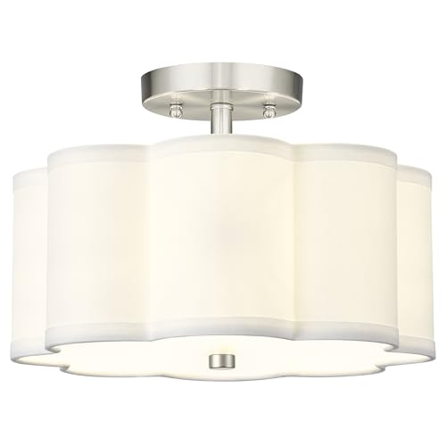 Image of Semi Flush Mount Ceiling Lights, 3-Light 13 inch Ceiling Light Fixtures with Fabric Shade in Flower Shape, Brushed Nickel Drum Lighting for Nursery Hallway Bedroom Kitchen, AD-22007-3SF-SN