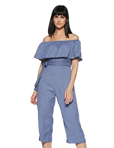 Image of Miss Chase Women's Blue Off-Shoulder Ruffled Midi Jumpsuit