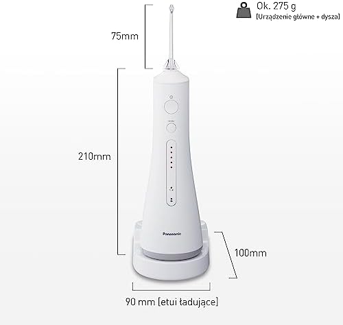 Panasonic EW1511W503 przenośny irygator z technologią ultradźwiękową (ładowanie 1h, 5 stopni strumienia wody (max. 647kPa), zbiornik 200ml), biały