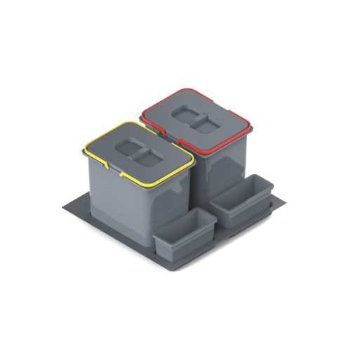 REJS Sistema de separación de basura para cocina de 60 cm de ancho con 2 compartimentos de 15 L con tapa y asa, cubo de basura empotrable para cajones, cubo de basura de cocina para separación de