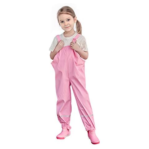 SSAWcasa Kids Rain Pants, Toddler Waterproof Little/Big Boys Girls Pants, Trail and Rain Splash Overalls, Mud Dirty Proof Rain Suspender Trousers (Pink, XS) Cover