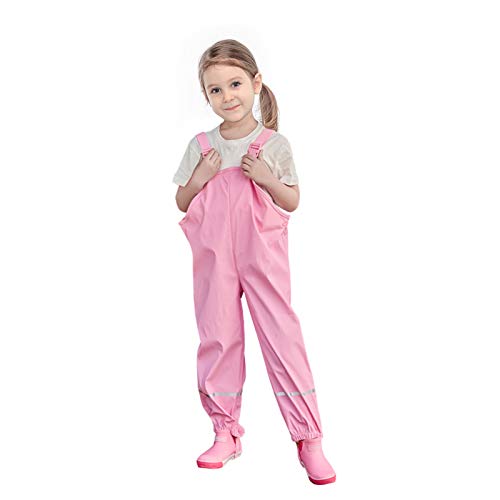 Kids Toddler Waterproof Little/Big Boys Girls Pants, Trail and Splash Overalls, Mud Proof Rain Suspender Trousers (Pink, L)