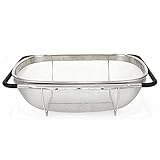  Quttin - Escurridor de acero inoxidable para fregadero, incluye asas extensibles y malla fina, colador para verduras, pasta, 33,5 x 24 x 10,5 cm
