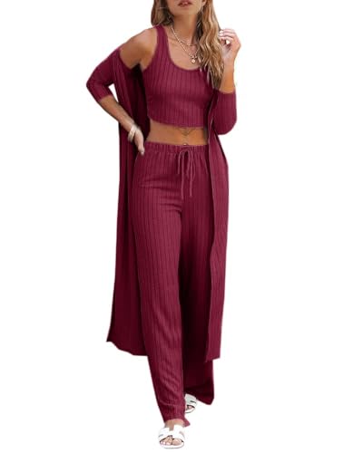 Image of Fessceruna Womens 3 Piece Lounge Pajamas Sets Cute Vacation Matching Set | Pj Sets, Airport Travel Outfits, Bedroom, Winter Fall Loungewear , Cotton, Christmas