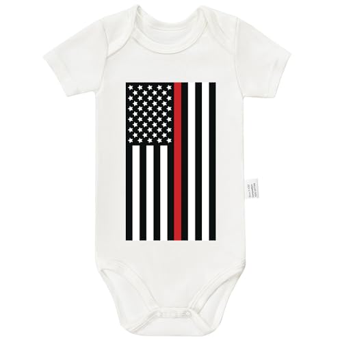 Thin Red Line Bodysuit, Firemen American Flag Infant Newborn Cotton Romper Short Sleeve Jumpsuit Outfits 0-24 Months