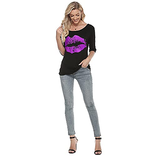 MAGICMK Women Casual Plus Size Lips Print Off Shoulder T-Shirt Tops