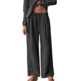 Ainangua Women Linen Palazzo Pants Casual Elasticated Drawstring Waist Wide Leg Trousers Trendy Beach Travel Outfits(Black,S)