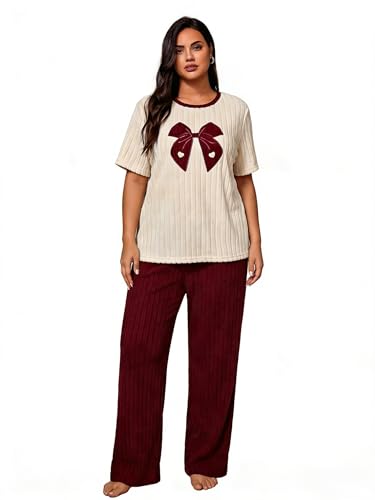 Image of Emilaura Womens Plus Size Pajama Set 2 Piece Short Sleeve with Long Pant Sleepwear Soft & Cozy Bow Loungewear (XL to 5X)